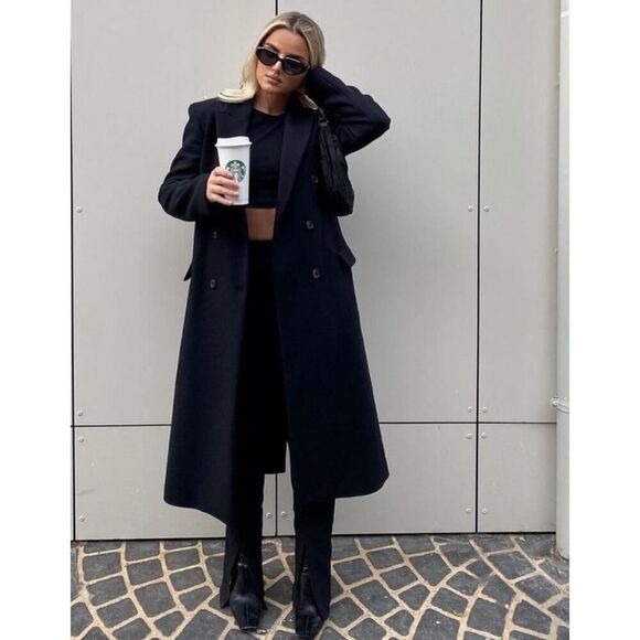 ZARA Double Faced Black Wool Blend Long Oversized Coat Size Large - Picture 1 of 14